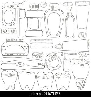 Coloring page. Set of elements for the care of the oral cavity in hand ...