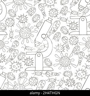 Seamless pattern bacteria and microbes. Search for viruses, microscope. Coloring microbes in hand draw style. Coronavirus, microorganisms Stock Vector