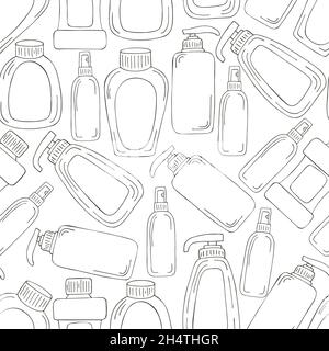 Coloring Seamless pattern. Set of bathroom elements in hand draw style. Collection of packages, tubes. Antiseptic, toothpaste Stock Vector