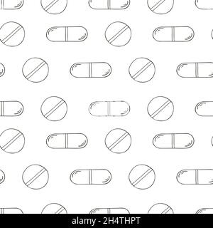 Coloring medical drugs in hand draw style. Seamless pattern on a white background. Background for packaging, advertising Stock Vector