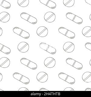 Coloring Seamless pattern. Cartoon medical drugs in hand draw style. Background for packaging, advertising of tablets Stock Vector