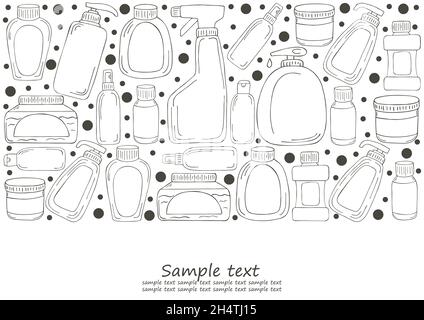 Coloring flyer, banner. Set of bathroom elements in hand draw style. Collection of cans, packages, tubes. Antiseptic, toothpaste, gel, soap cream rins Stock Vector