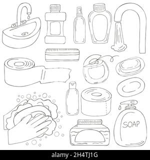 Coloring set of design elements. A set of bathroom items in the style of a hand draw. Collection of cans, packages, tubes. Antiseptic, dental floss, t Stock Vector