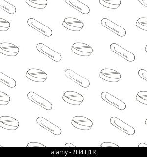 Coloring Seamless pattern. White cartoon medical drugs in hand draw style. Background for packaging, advertising of tablet Stock Vector