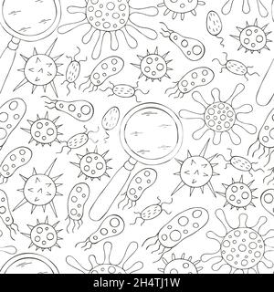 Coloring Vector Seamless pattern bacteria and microbes. Search for viruses, magnifier. Cartoon microbes in hand draw style. Coronavirus, viruses, bact Stock Vector