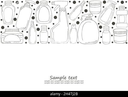 Rectangular Coloring banner. Set of bathroom elements in hand draw style. Collection of cans, packages, tubes. Antiseptic, toothpaste, gel, soap, crea Stock Vector