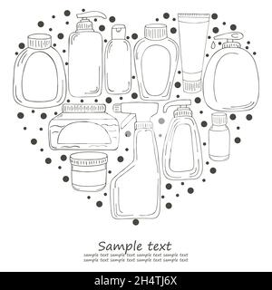 Heart Coloring page. Set of bathroom elements in hand draw style. Collection of cans, packages, tubes. Antiseptic, toothpaste, gel, soap, cream Stock Vector