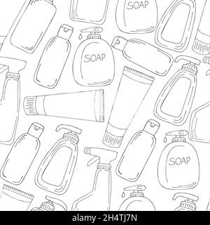 Coloring Seamless pattern. Set of bathroom elements in hand draw style. Collection of cans, packages, tubes. Antiseptic, toothpaste, gel Stock Vector