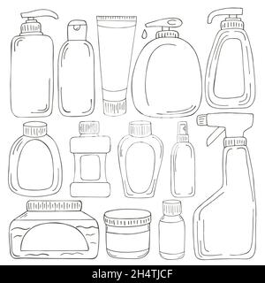 Coloring set of design elements. Set of bathroom elements in hand draw style. Collection of cans, packages, tubes. Antiseptic, toothpaste, gel, soap, Stock Vector