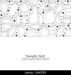 Coloring banner. Set of bathroom elements in hand draw style. Collection of cans, packages, tubes. Antiseptic, toothpaste, gel, soap, cream rinse Stock Vector