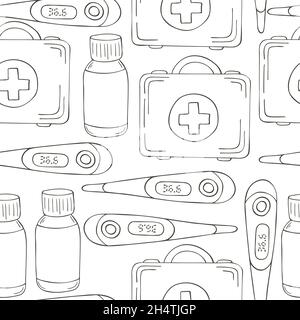 Coloring Seamless pattern . Cartoon medical instruments in hand draw style. Medical case, thermometer, drugs Stock Vector