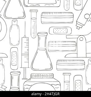 Coloring Seamless pattern. Cartoon medical instruments in hand draw style. Microscope, laboratory research Stock Vector