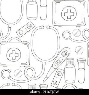 Seamless pattern Coloring. Cartoon medical instruments in hand draw style. Medical case, thermometer, stotoscope Stock Vector