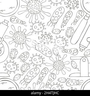 Seamless pattern bacteria and microbes. Search for viruses, microscope, magnifier. Coloring microbes in hand draw style. Coronavirus, viruses, bacteri Stock Vector