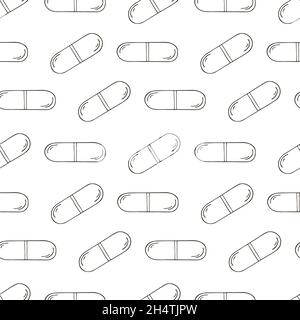 Coloring medical drugs in hand draw style. Seamless pattern on a white background. Background for packaging, advertising of tablets Stock Vector