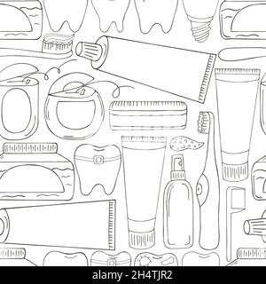 Coloring Seamless pattern. Cartoon elements in hand draw style. Background for packaging, advertising. Dental health, toothpaste, toothbrush Stock Vector