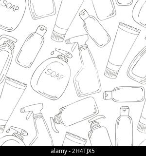 Coloring Seamless pattern. Set of bathroom elements in hand draw style. Collection of cans, packages, tubes. Antiseptic, toothpaste Stock Vector