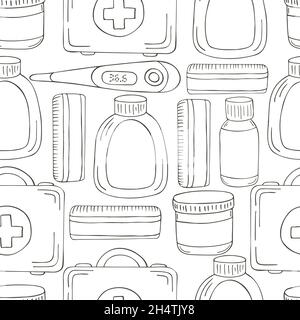 Seamless pattern Coloring. Cartoon medical instruments in hand draw style. Medical case, thermometer, drugs Stock Vector