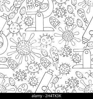 Seamless pattern bacteria, microbes. Search for viruses, microscope. Coloring microbes in hand draw style. Coronavirus, microorganisms Stock Vector