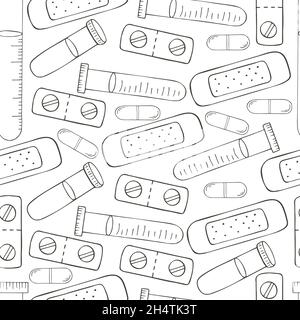 Seamless pattern Coloring. Cartoon medical instruments in hand draw style. Medical plaster, test tubes, pills Stock Vector