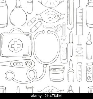 Seamless pattern on a white background. Coloring medical instruments in hand draw style. Masks, medicines, medical case, stethoscope Stock Vector