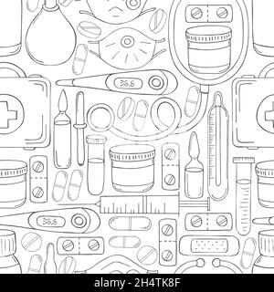 Seamless pattern Coloring. Cartoon medical instruments in hand draw style. Masks, medicines, medical case Stock Vector