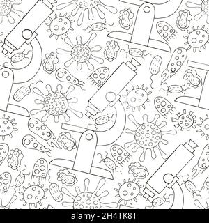 Seamless pattern bacteria and microbes. Search for viruses, microscope. Coloring microbes in hand draw style. Coronavirus, bacteria, microorganisms Stock Vector