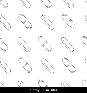 Coloring Seamless pattern. Cartoon medical drugs in hand draw style. Background for packaging, advertising of tablets, capsules Stock Vector