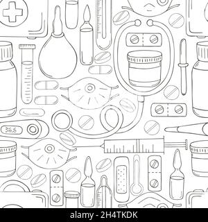 Coloring Seamless pattern. Cartoon medical instruments in hand draw style. Masks, medicines, medical case Stock Vector