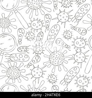 Coloring Seamless pattern bacteria and microbes. Search for viruses, magnifier. Cartoon microbes in hand draw style. Coronavirus, viruses Stock Vector