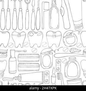 Seamless pattern on a white background. Coloring elements in hand draw style. Dental instruments. Dental health, toothpaste, toothbrush Stock Vector