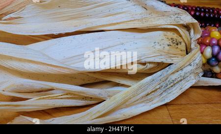Close-up of a flint corn's dry husk; used for making tamales in traditional Mexican food. Stock Photo