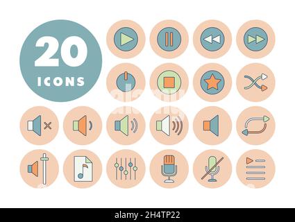 Multimedia user interface flat color vector icons set. Graph symbol for music and sound web site and apps design, logo, app, UI Stock Vector