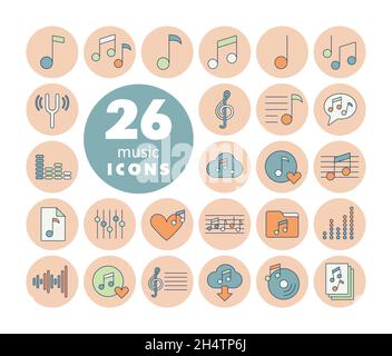 Music notes flat color vector icons set. Graph symbol for music and sound web site and apps design, logo, app, UI Stock Vector