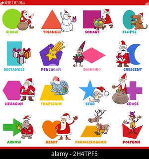 Educational cartoon illustration of geometric shapes with captions and funny Christmas holiday characters for preschool and elementary age children Stock Vector
