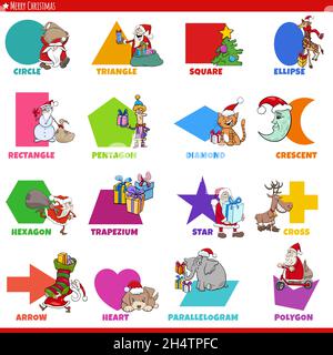 Educational cartoon illustration of geometric shapes with captions and funny Christmas characters for preschool and elementary age children Stock Vector