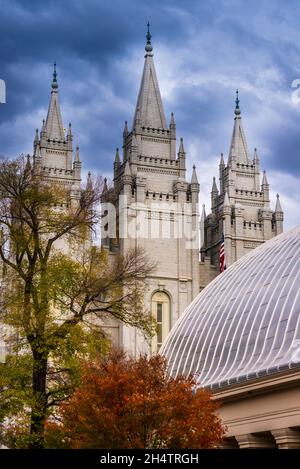 Salt Lake City LDS Temple with Mormon Tabernacle - Temple Square - Utah Stock Photo