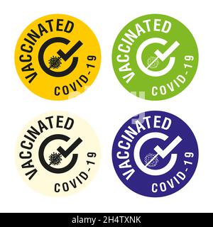 Set of Vaccinated COVID-19 labels. Vaccination information announcement label. Vaccination yellow stamp. Abstract symbol logo in the form of a flat sy Stock Vector