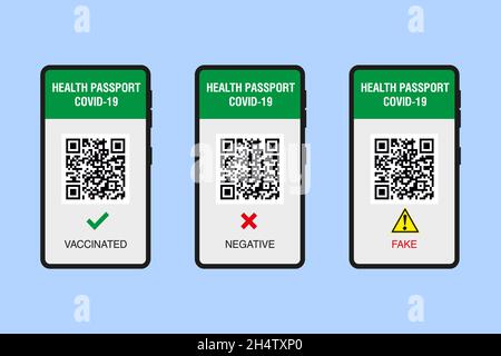 Vaccine passport in smartphone screen. Certificate of vaccine and immune from covid in phone app. Health passport on digital screen with qr code for c Stock Vector