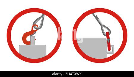 Correct load securing with a hook or carabiner. Correct fastening when operating a tower crane on a construction site. Stock Vector