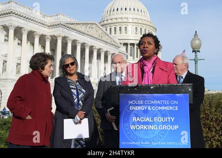 Washington, United States. 04th Nov, 2021. Representatives Yvette Clarke(D-NY) speaks during a press conference about Racial Equity at House Triangule/Capitol Hill in Washington DC, USA. (Photo by L Nolly/SOPA Images/Sipa USA) Credit: Sipa USA/Alamy Live News Stock Photo