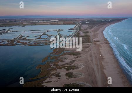 Aerial view of El Trabucador, marshes, the Tancada lagoon, rice fields, Eucaliptos beach and l´Alfaca beach;  Sant Carles de la Rapita, Ebro Delta, Na Stock Photo