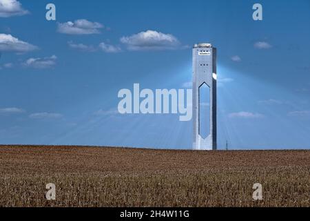 Electric plant. The world's first commercial concentrating solar power tower in Sanlucar la Mayor, near Sevilla, Spain Stock Photo