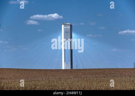 Electric plant. The world's first commercial concentrating solar power tower in Sanlucar la Mayor, near Sevilla, Spain Stock Photo