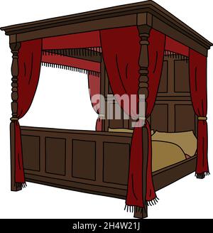The vector illustration of an ancient baroque large wooden bed with the ...
