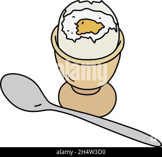 The hand drawing of a half boiled egg in the ceramic stand Stock Vector