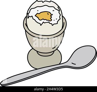 The hand drawing of a half boiled egg in the ceramic stand Stock Vector