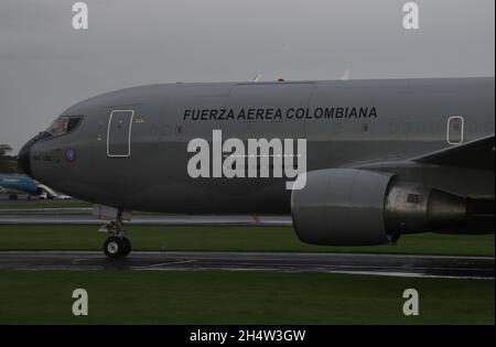 FAC 1202, a Boeing 767MMTT operated by the Colombian Air Force (Fuerza Aérea Colombiana - FAC), on arrival at Prestwick International Airport in Ayrshire, Scotland. The aircraft brought President Duque and other Colombian delegates to Scotland, for the COP26 summit taking place in Glasgow. Stock Photo