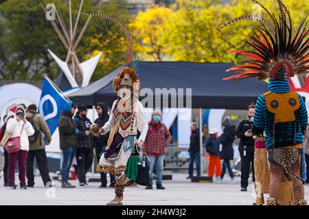 Indigenous Aztec Dancers at the Indigenous Legacy Gathering, on November 4, 2021 in Toronto, Nathan Phillips Square, Canada Stock Photo