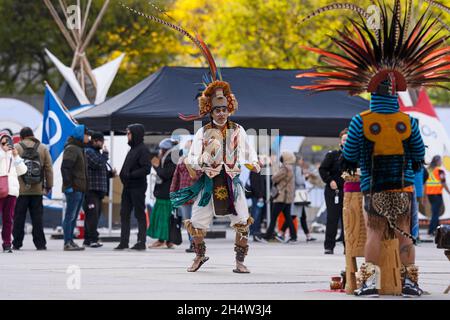 Indigenous Aztec Dancers at the Indigenous Legacy Gathering, on November 4, 2021 in Toronto, Nathan Phillips Square, Canada Stock Photo